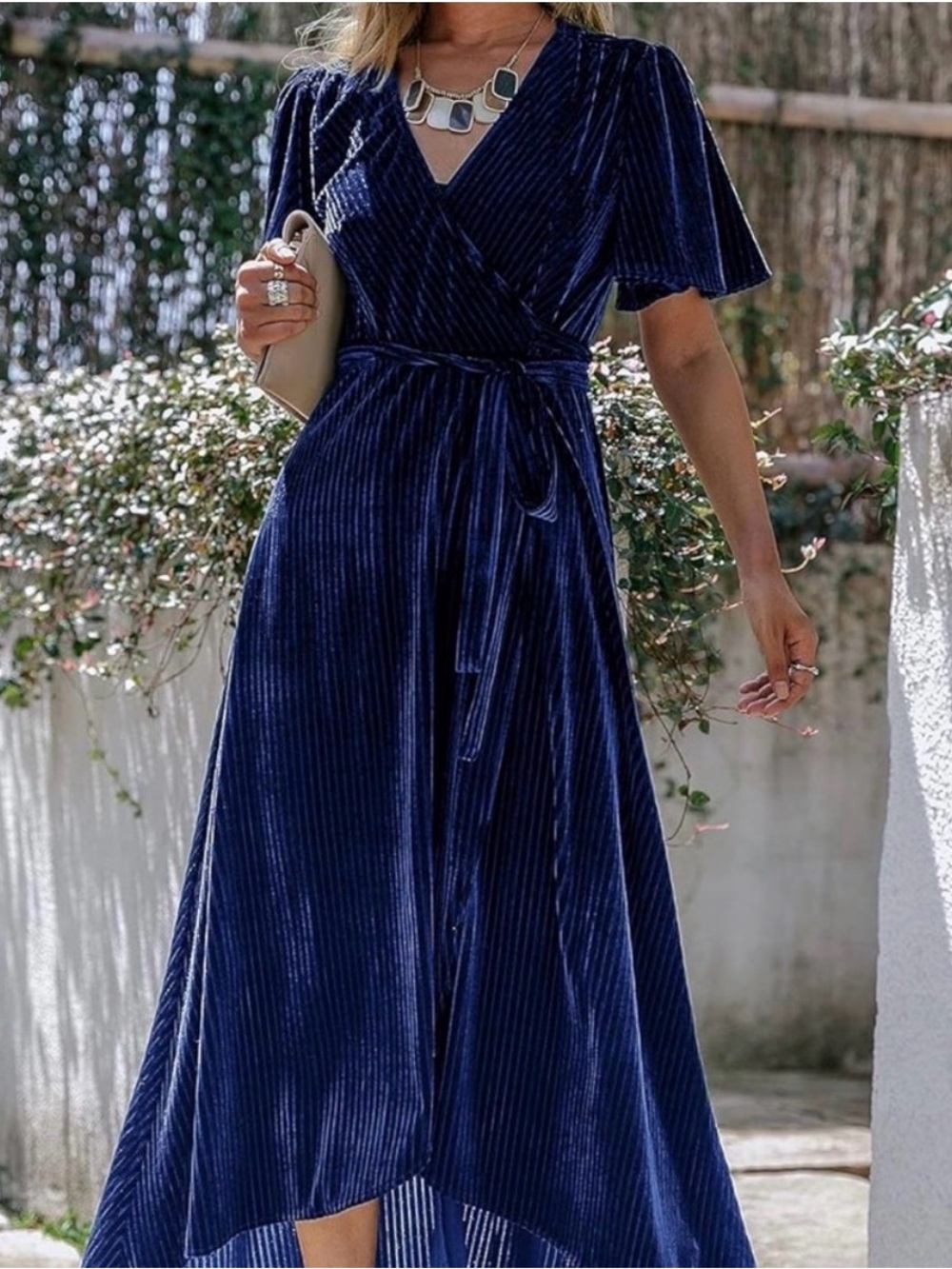 Navy Velvet Ribbed Wrap High-Low Maxi Dress w/ tie